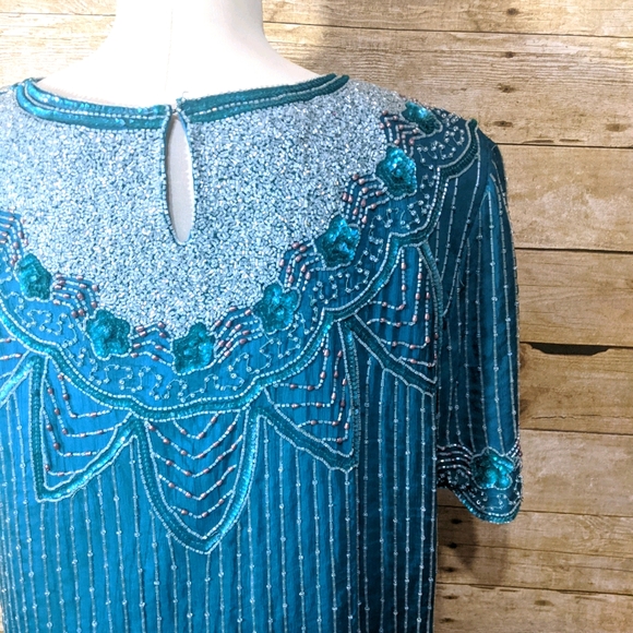 Vintage Stenay Teal Beaded Blouse - Picture 2 of 14